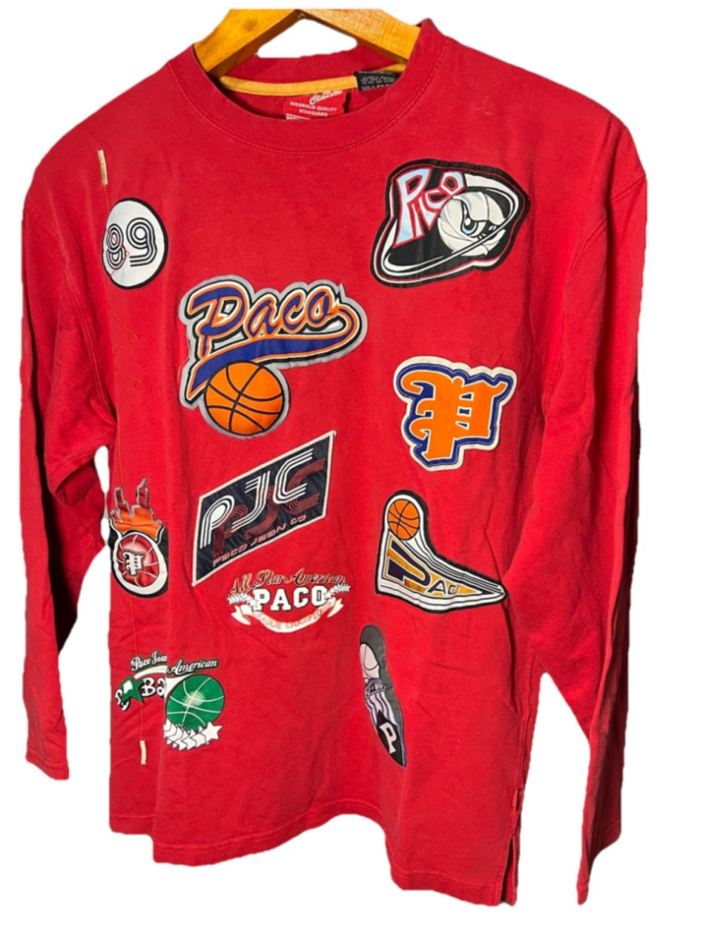 Vintage PACO Long Sleeve Shirt Red With Embroidered Patches 90s Mens Medium
